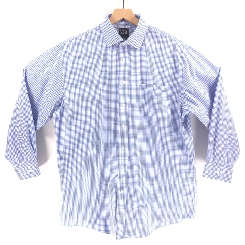 Jos. A. Bank Mens Dress‎ Shirt Traveler 16.5-32 Blue Gingham Traditional Fit